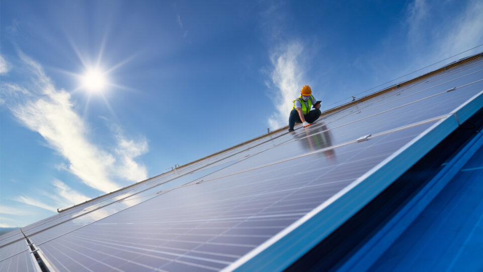 Solar energy, engineering team working on roof checking and main
