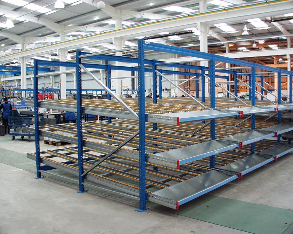A blue pallet live racking unit