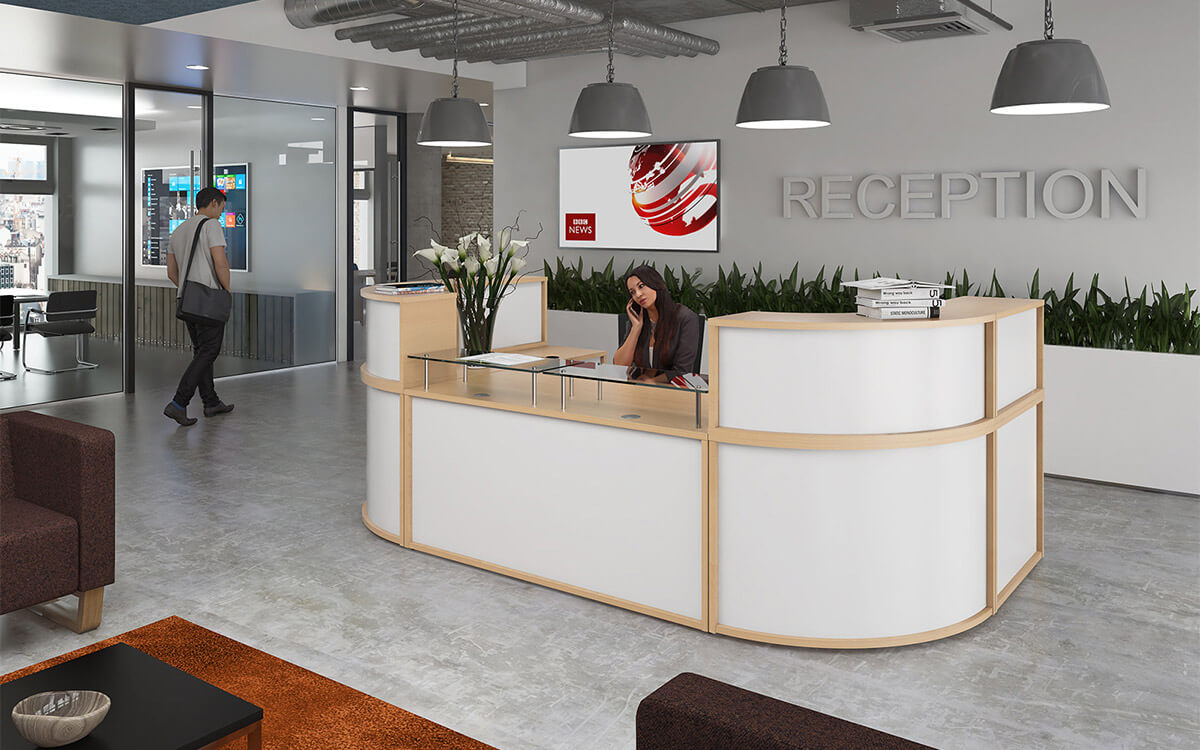 Office reception area receptionists modern desk