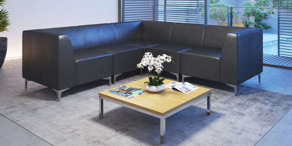 Office reception area with leather sofa