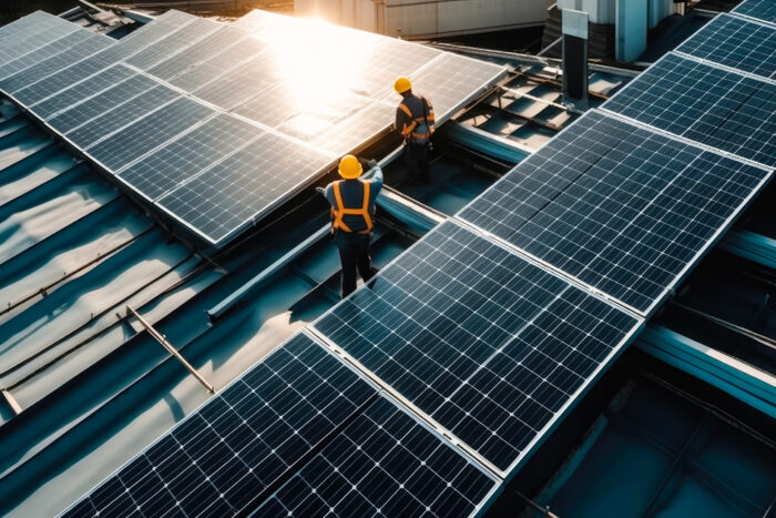 Engineers installing photovoltaic solar panels